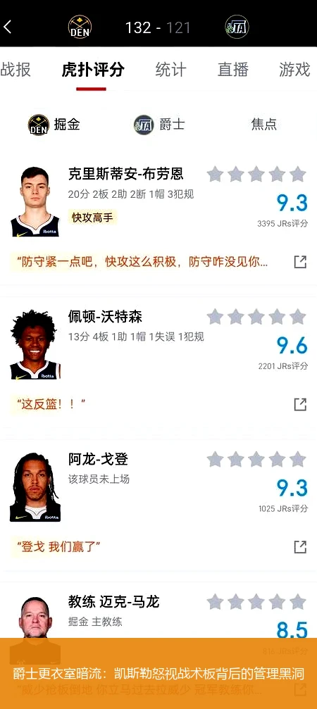 爵士更衣室暗流：凯斯勒怒视战术板背后的管理黑洞